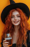 A red haired witch in black attire, smiling and holding a beer glass cheerfully photo