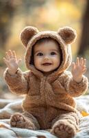 A joyful baby girl in a brown bear outfit sits on a blanket, waving happily outside photo