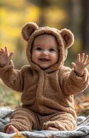 A joyful baby girl in a brown bear outfit sits on a blanket, waving happily outside photo