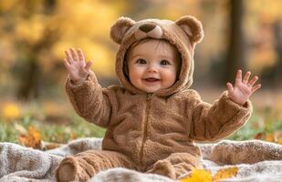 A joyful baby girl in a brown bear outfit sits on a blanket, waving happily outside photo