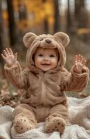 A joyful baby girl in a brown bear outfit sits on a blanket, waving happily outside photo