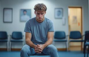 A distressed young man sitting alone in a clinic, visibly upset during therapy photo