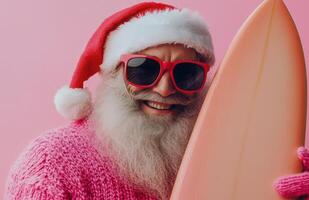 Santa Claus wearing sunglasses, holding a surfboard, smiling on a bright pink background photo