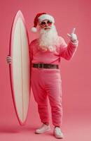 Santa Claus wearing sunglasses, holding a surfboard, smiling on a bright pink background photo