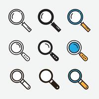 Search icon set. Magnifying glass collection for research information concept. Magnifying glass icon in trendy line style and flat magnifier or loupe sign isolated on transparent background. vector