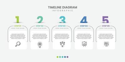 Horizontal progress bar featuring 5 arrow shaped elements, symbolizing the five stages of business strategy and progression. Clean timeline infographic design template. vector