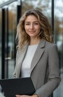 Professional woman smiling with a laptop outside a modern office building during the day photo