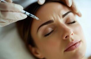 Closeup of a woman receiving a Botox injection in her forehead at a beauty salon photo