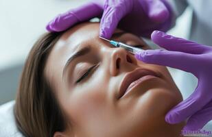 Closeup of a woman receiving a Botox injection in her forehead at a beauty salon photo