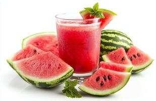 Watermelon juice in a glass with fresh slices, on a white background, close up photo