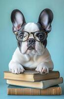 A French Bulldog with glasses is lying on books, appearing studious and focused photo