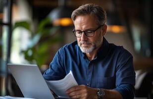 Middle aged man sitting at his desk, reading documents while using a laptop, looking focused photo