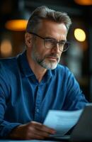 Middle aged man sitting at his desk, reading documents while using a laptop, looking focused photo