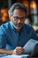 Middle aged man sitting at his desk, reading documents while using a laptop, looking focused photo