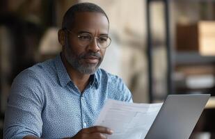 Middle aged man sitting at his desk, reading documents while using a laptop, looking focused photo