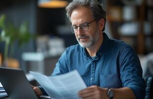 Middle aged man sitting at his desk, reading documents while using a laptop, looking focused photo