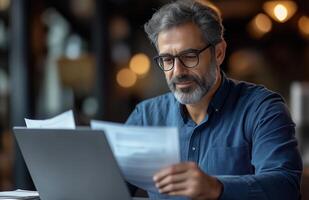 Middle aged man sitting at his desk, reading documents while using a laptop, looking focused photo
