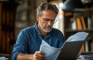 Middle aged man sitting at his desk, reading documents while using a laptop, looking focused photo