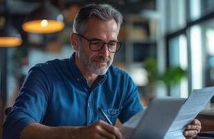 Middle aged man sitting at his desk, reading documents while using a laptop, looking focused photo