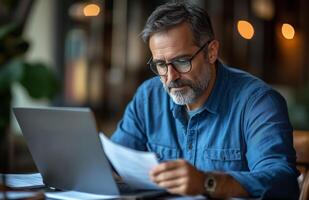 Middle aged man sitting at his desk, reading documents while using a laptop, looking focused photo