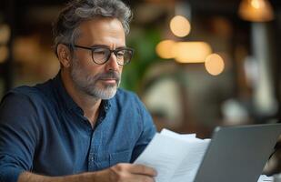 Middle aged man sitting at his desk, reading documents while using a laptop, looking focused photo