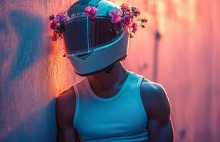 A man in jeans and white tank top, helmet visor overflowing with blooming flowers photo