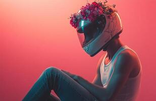 A man in jeans and white tank top, helmet visor overflowing with blooming flowers photo