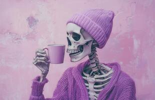 A skeleton wearing a purple beanie sips coffee photo
