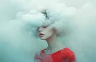 A woman with a cloud like head, wearing a red shirt, stands in a surreal environment photo