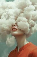 A woman with a cloud like head, wearing a red shirt, stands in a surreal environment photo