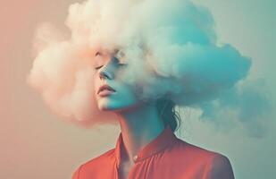 A woman with a cloud like head, wearing a red shirt, stands in a surreal environment photo