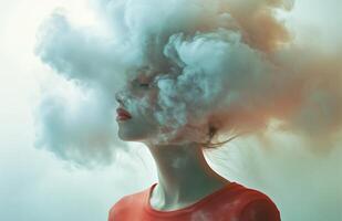 A woman with a cloud like head, wearing a red shirt, stands in a surreal environment photo