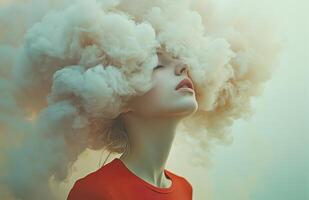 A woman with a cloud like head, wearing a red shirt, stands in a surreal environment photo
