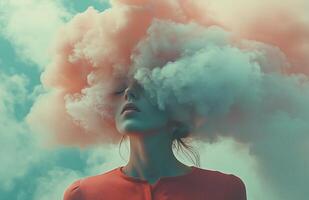 A woman with a cloud like head, wearing a red shirt, stands in a surreal environment photo
