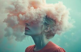 A woman with a cloud like head, wearing a red shirt, stands in a surreal environment photo