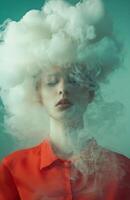 A woman with a cloud like head, wearing a red shirt, stands in a surreal environment photo