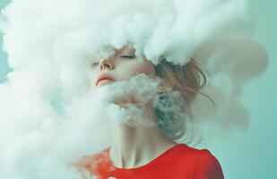 A woman with a cloud like head, wearing a red shirt, stands in a surreal environment photo