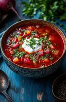 Borscht is a red beet soup with vegetables, served with sour cream in a bowl photo
