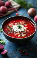 Borscht is a red beet soup with vegetables, served with sour cream in a bowl photo