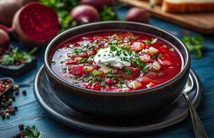 Borscht is a red beet soup with vegetables, served with sour cream in a bowl photo