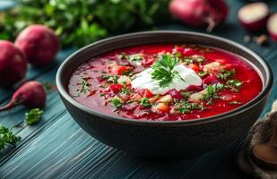 Borscht is a red beet soup with vegetables, served with sour cream in a bowl photo