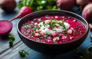 Borscht is a red beet soup with vegetables, served with sour cream in a bowl photo