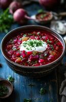 Borscht is a red beet soup with vegetables, served with sour cream in a bowl photo