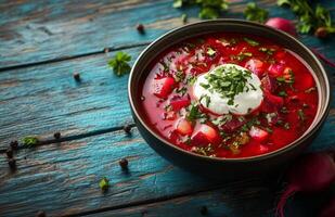Borscht is a red beet soup with vegetables, served with sour cream in a bowl photo