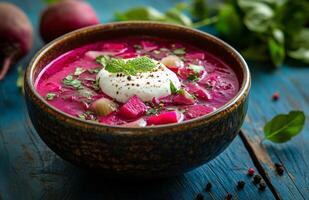 Borscht is a red beet soup with vegetables, served with sour cream in a bowl photo