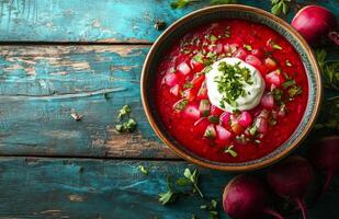 Borscht is a red beet soup with vegetables, served with sour cream in a bowl photo