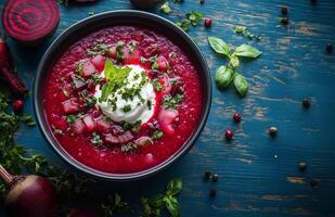 Borscht is a red beet soup with vegetables, served with sour cream in a bowl photo