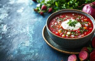 Borscht is a red beet soup with vegetables, served with sour cream in a bowl photo