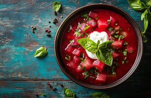 Borscht is a red beet soup with vegetables, served with sour cream in a bowl photo