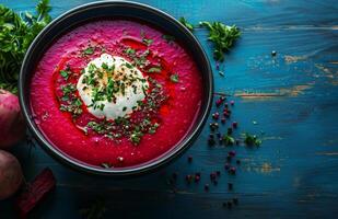 Borscht is a red beet soup with vegetables, served with sour cream in a bowl photo